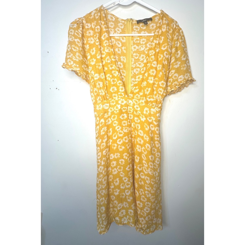 Lulus Floral Mini Dress Womens Large Yellow Excellent V-Neck Boho Tie Back